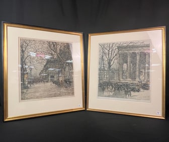 2 Luigi Kazimir Signed Hand Colored Etchings Depicting Paris and Vienna