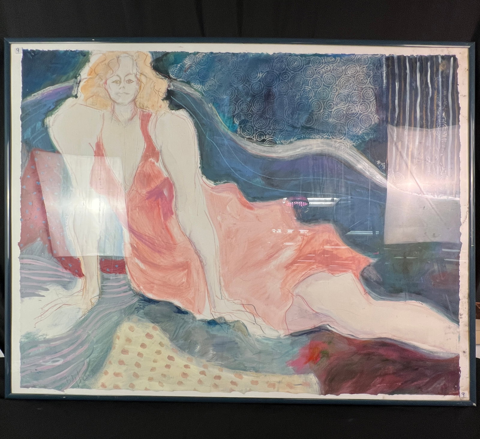 Ann Barbieri Large Mixed Media Painting/Drawing of Important Size: An original mixed media painting/drawing on paper of important size circa 1990's by listed American artist Ann Barbieri. It depicts a blonde woman in a pink dress on a blue-green background. It is sig