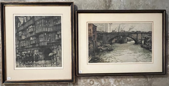 2 Luigi Kazimir Signed Hand Colored Etchings Depicting London Bridge and Holborn House