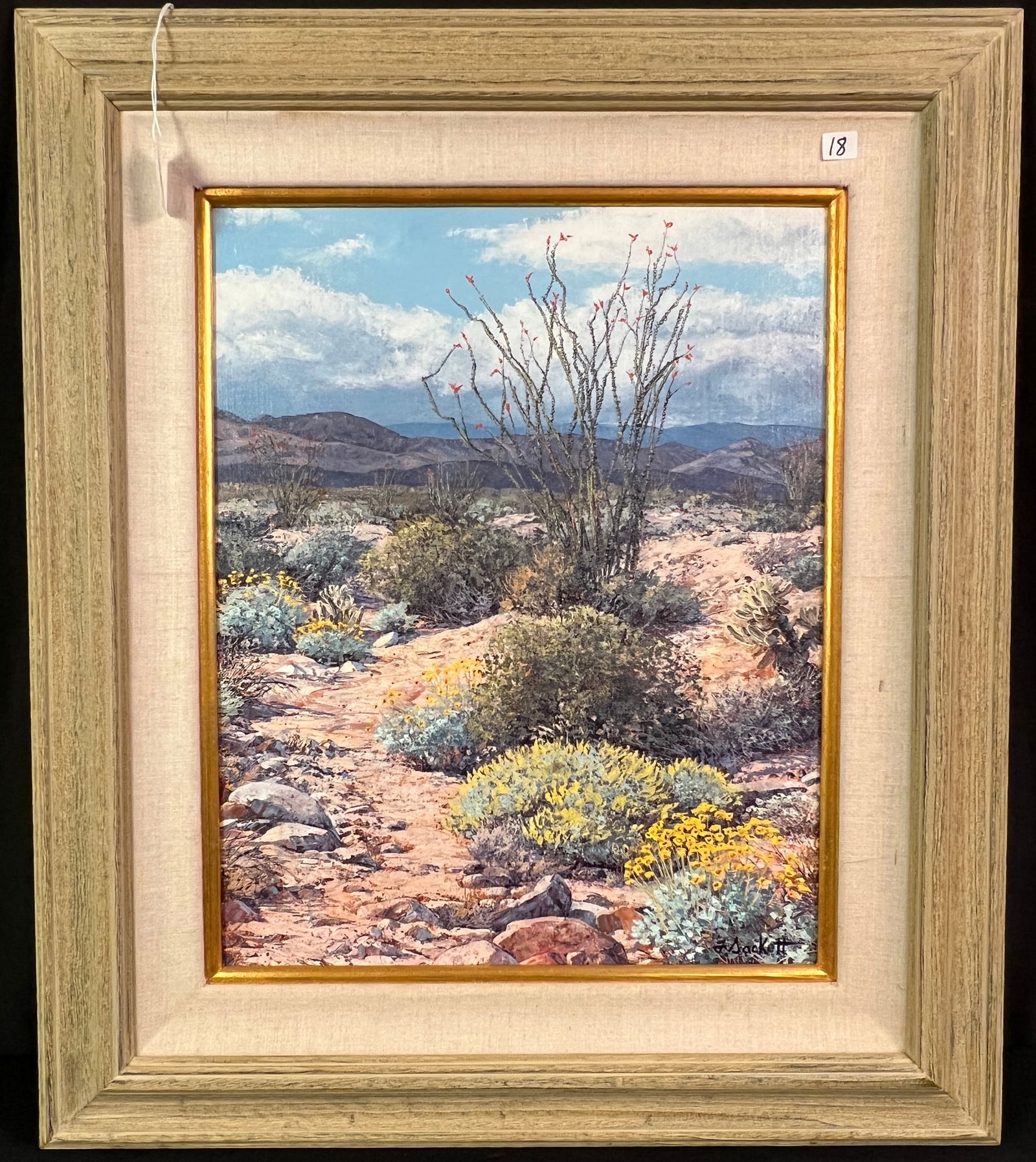 Florence Sacket Oil on Linen Desert Landscape: A quality framed late 20th century desert landscape oil on canvas by listed American artist Florence Sacket (1927- ). It is titled "Desert Dreaming" and depicts Southern Anza-Borrego desert, Ca. Sacke