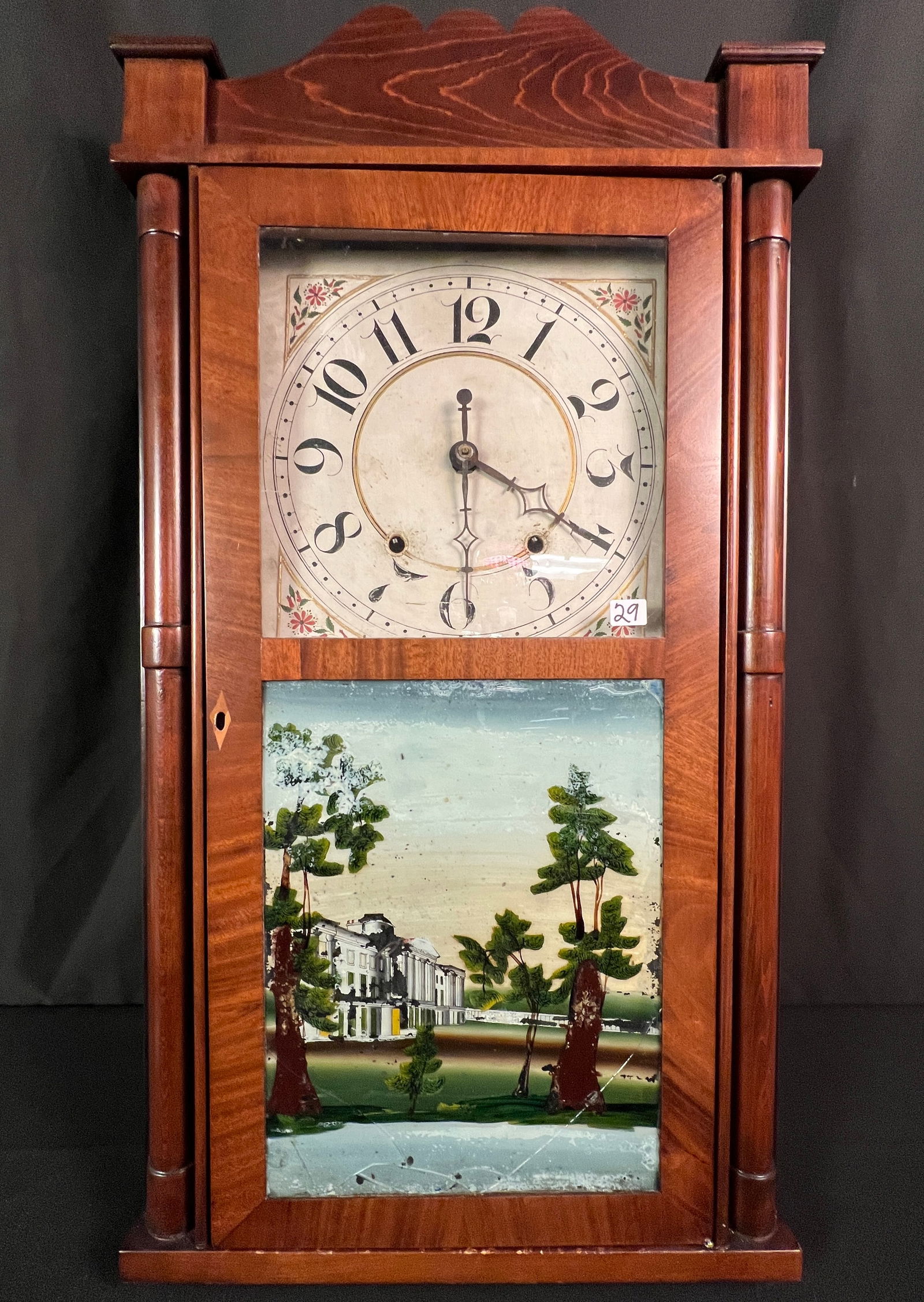 Silas Hoadley, Conn. Back Painted Shelf Clock C 1820's: An Silas Hoadley, Plymouth Connecticut shelf clock in a mahogany case c1820's that features a back painted lower panel with image of a grand house (Cracks in glass panel noted), floral painted dial, a