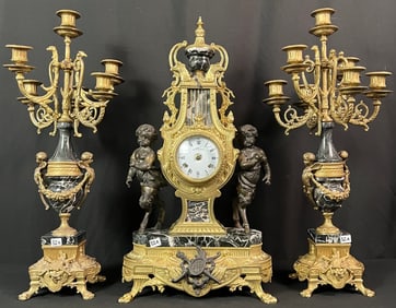Fancy Italian Bronze and Marble Mantle Clock and Matching Mantle Candelabras