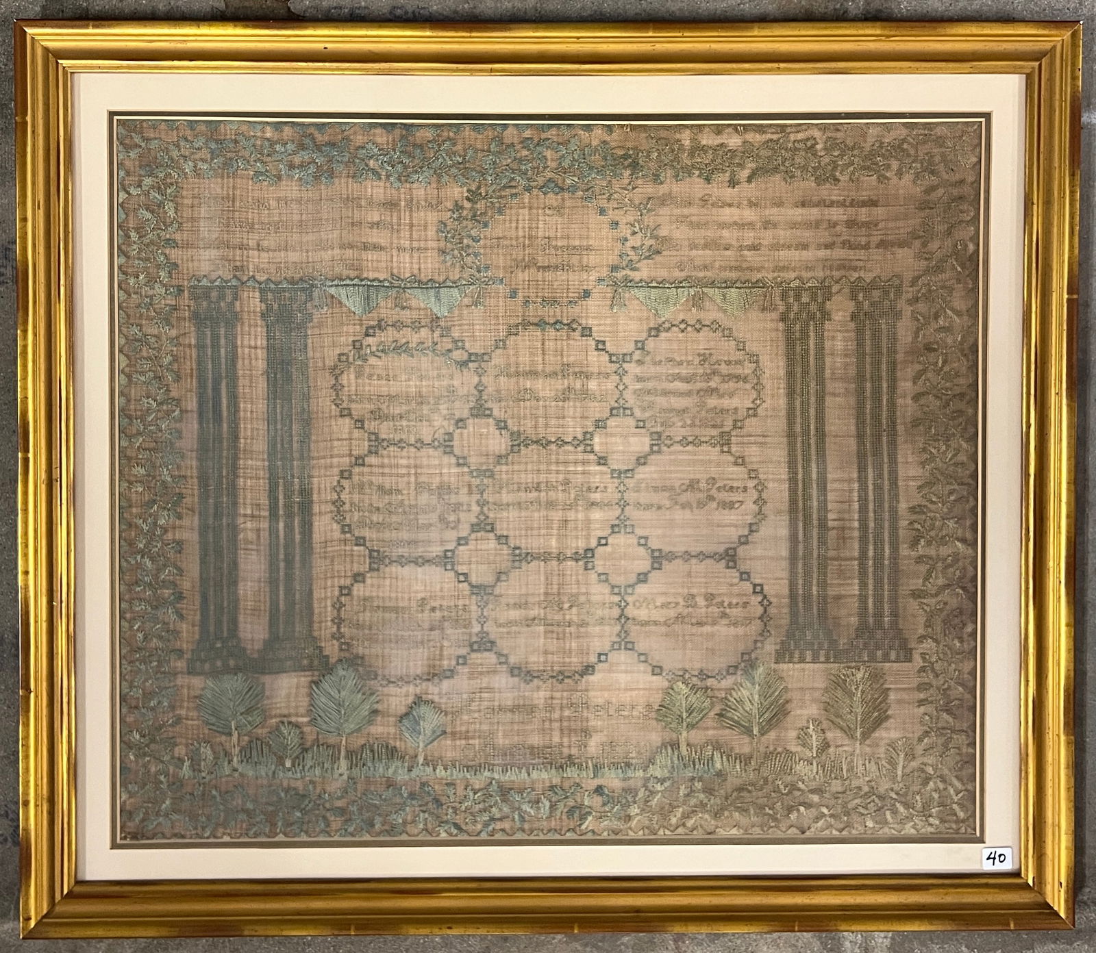 Peters Family Tree Early Sampler C1821: An unusual quality framed detailed early American sampler of the Peters family tree dated 1821 that features a geometric and leaf embroidered borders, cross stitched roundels featuring births and deat