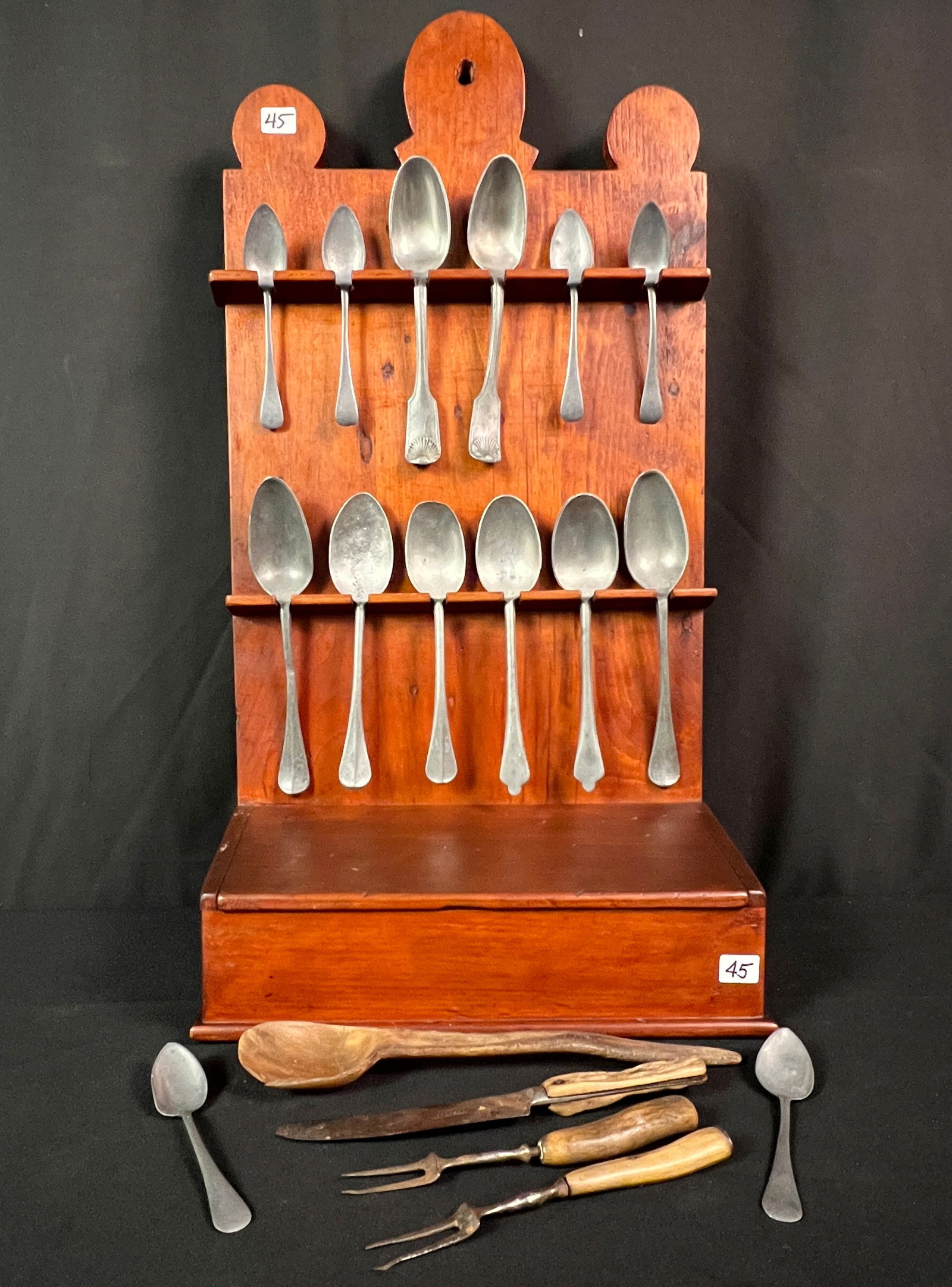 American Pine Spoon Rack with knife box c1770/1780, Early Cutlery: An American red stained pine wall mount spoon rack with attached knife box c1770/80's in original condition with an early collection of pewter fiddleback spoons, horn handle forks, an antler handled k