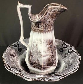 Antique Mulberry John Alcock Cobridge  Ironstone Pitcher and Bowl c 1850's, Vincennes Pattern