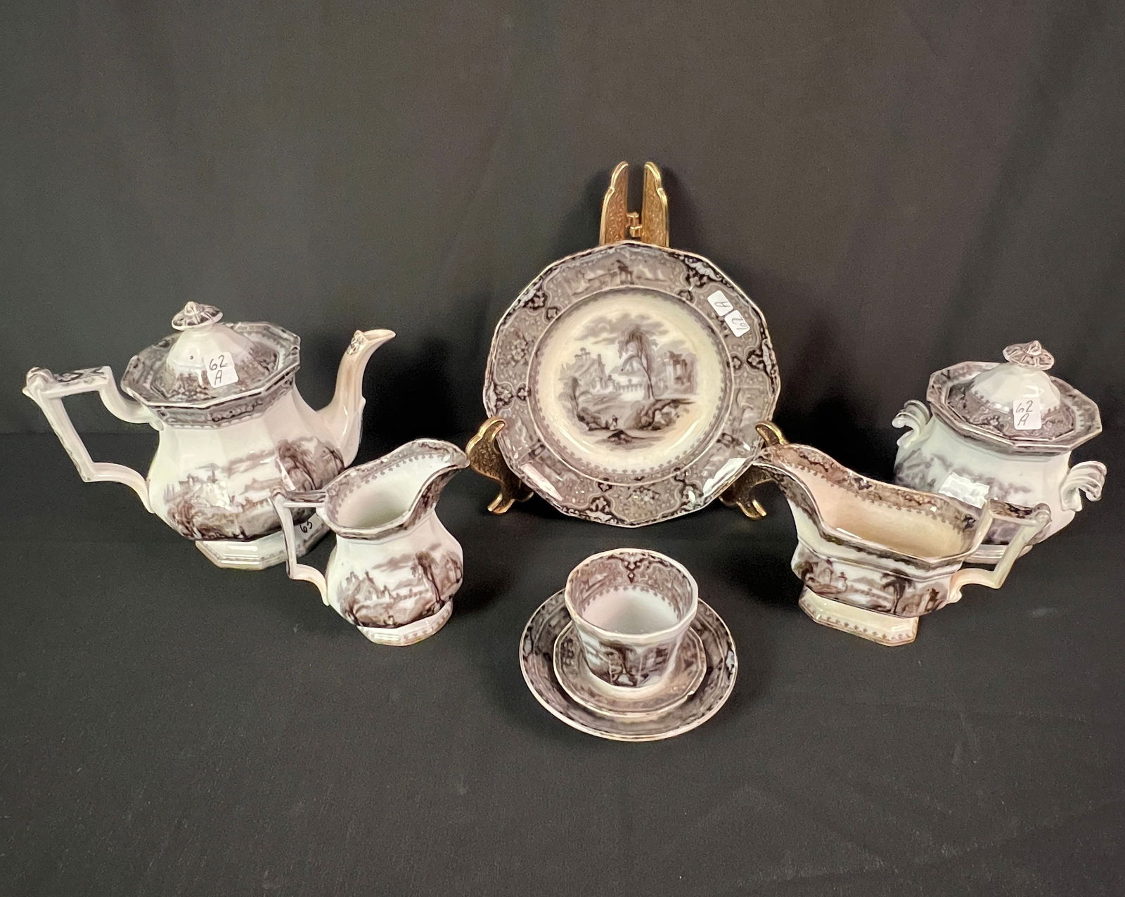 Antique Mulberry Large Group of Ironstone Vincennes Patter: A large group of antique Mulberry Ironstone China to include tea pot, creamer and sugar, gravy boat, cup and saucer and shallow bowl.