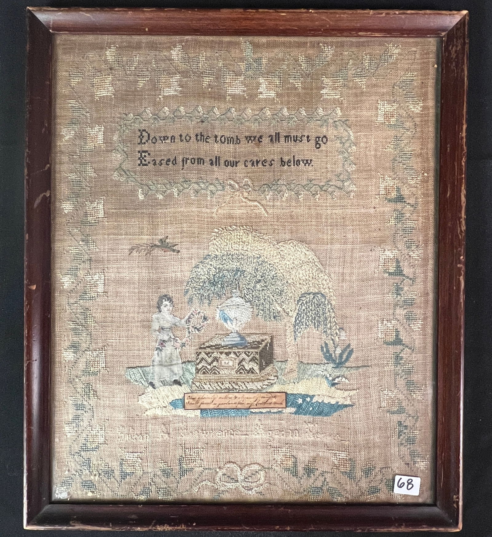 Memento Mori Sampler c1810: An American Memento Mori sampler c1810 by Susan Laurence, age 10 that depicts her in painted on silk with embroidered hair bringing garlands to the tomb of her brother, with the initials SL a bird fly