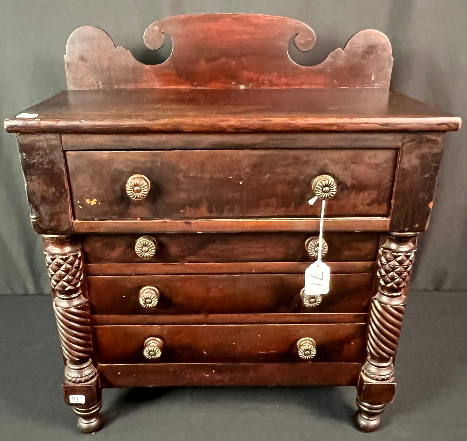 Miniature Federal 4 Drawer Apprentice or Salesman's Sample Chest c1840/50's: A miniature very detailed apprentice or salesman's sample Federal chest of drawers has barley twist and pineapple trims. Retails its original scroll work back splash on turned feet, finely dovetailed