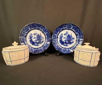 Flow Blue Chen-Si Plates, Castleford Covered Sugars c1800's