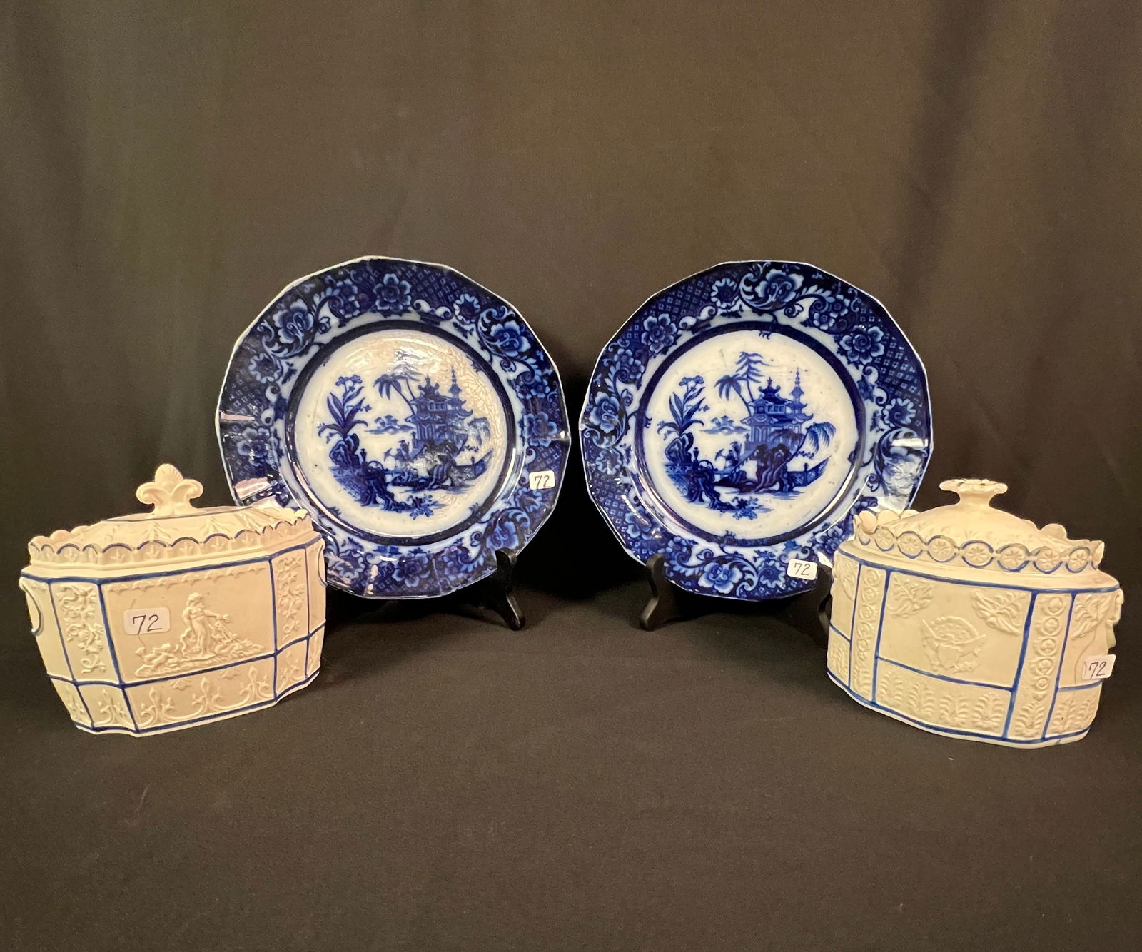 Flow Blue Chen-Si Plates, Castleford Covered Sugars c1800's (1 of 14)