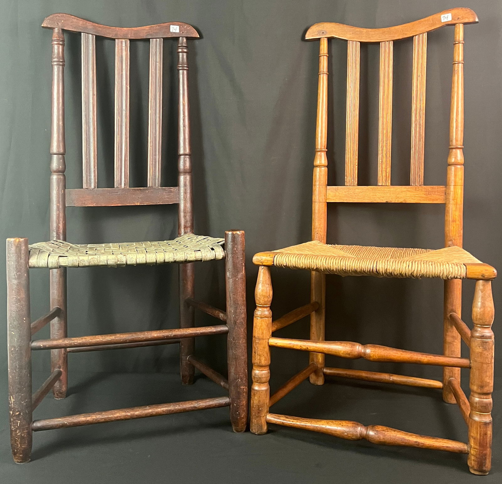 2 Banister Back Side Chairs C18th century: 2 18th Century banister back side chairs to include one with a rush seat, one with a woven seat in very good condition.