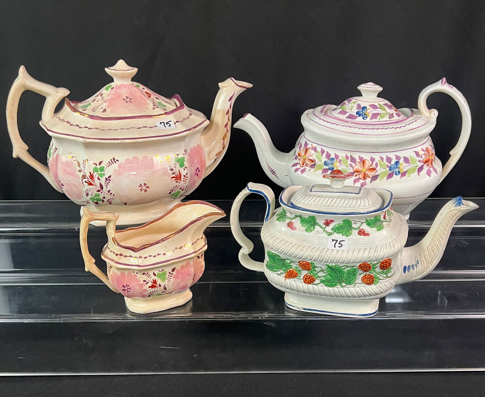 Rare Soft Paste Strawberry Teapot C1760, More!: A rare soft paste tea pot with a strawberry pattern c1760 in very good condition (6" tall), an 1830's luster hand painted floral teapot and creamer (Teapot 7.5" tall X 11" across), and a luster hand