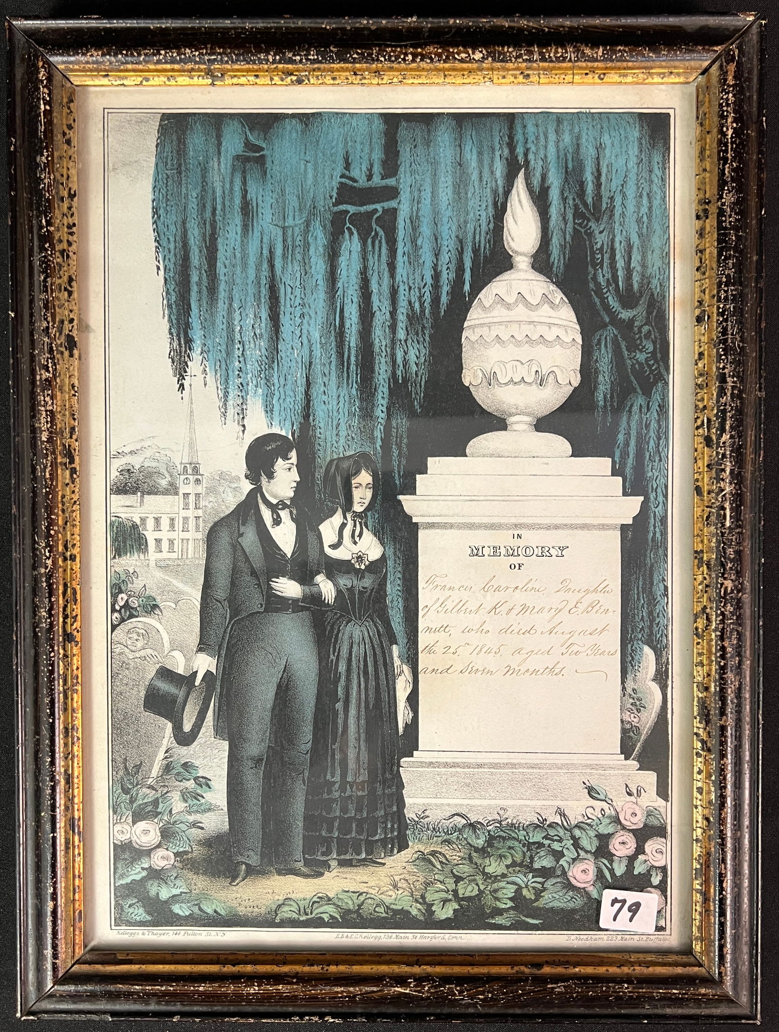 Memento Mori Lithograph of Young Couple, Death of Child C.1845: A Memento Mori Kelloggs and Thayer grief journal lithograph c1845 depicting a young couple standing at the tomb of their daughter, in Memoriam and hand written," Francis Carolina who died August 25,