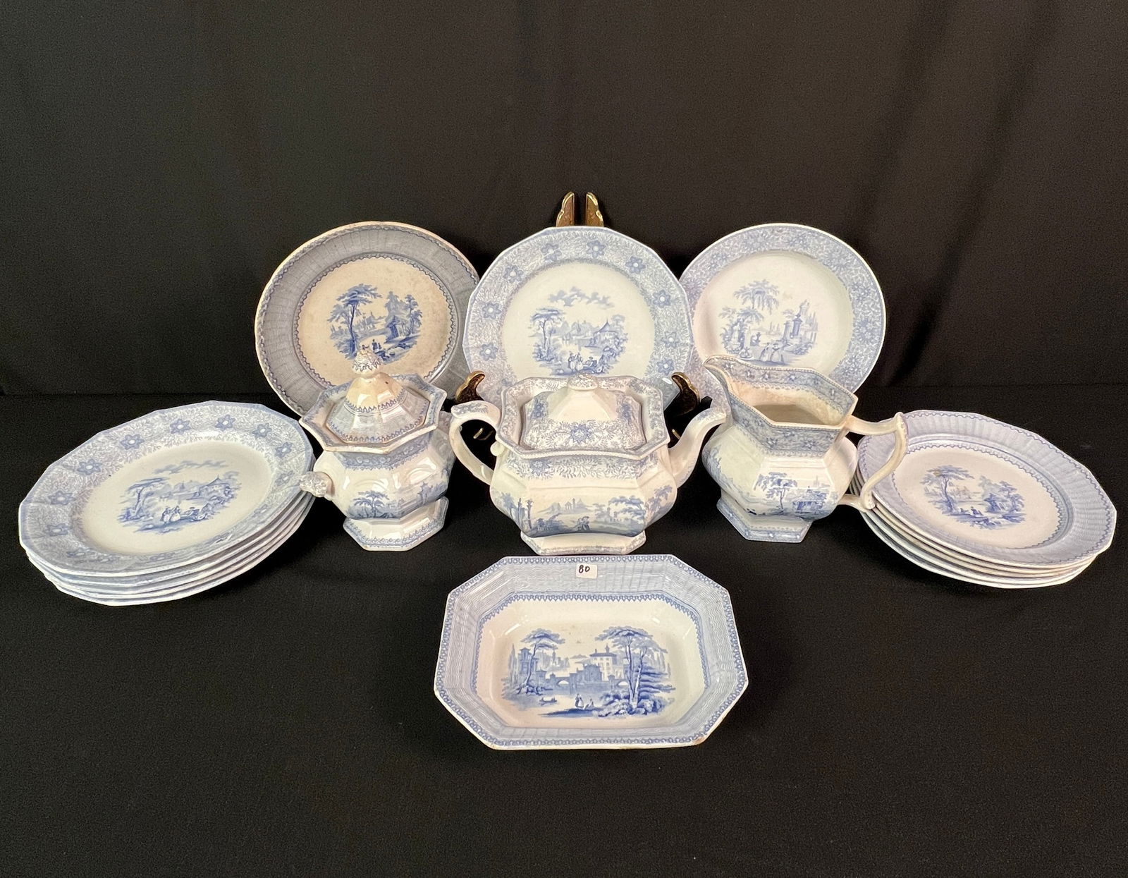 Group of t. J. &J. Mayer Ironstone Blue Transferware "Garden Scenery Pattern" serving Pieces,: A group of blue transferware ironstone pieces to include serving pieces by T. J. &J. Mayer of Longport c1845/55 to include a teapot, covered sugar and creamer and open vegetable in as found