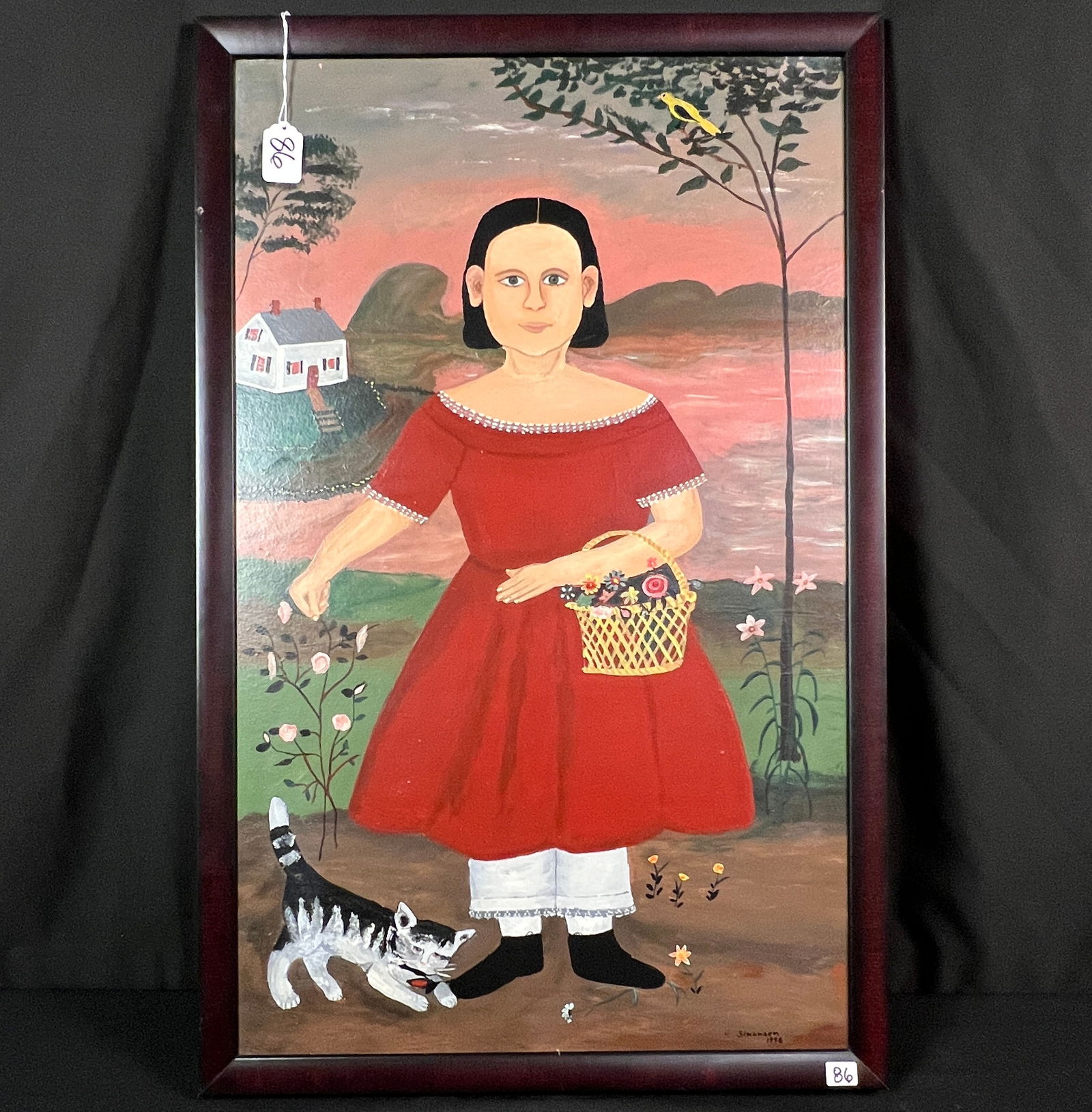 Folk Art Style Oil on Board C1996: A quality framed Folk Art style oil on board by Hugh Simonsen C1996 done in the style of the 1840's after a painting by Samuel Miller. This work measures 31.5" tall X 19.5" across.