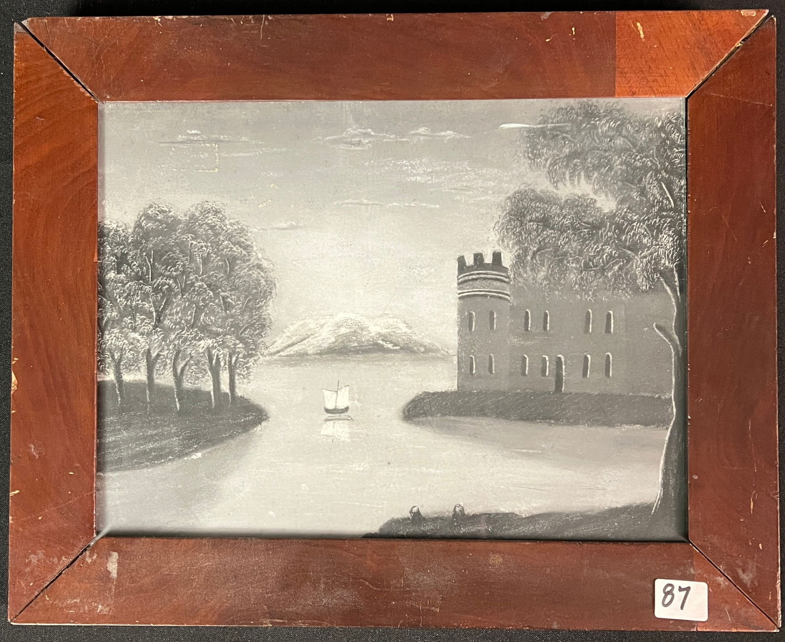Hudson River Sandpaper Drawing C1840's: A quality, period framed Hudson river sandpaper drawing c1840's that depicts a boat on the Hudson river sailing by a castle like building in excellent condition. It measures 10.5" tall X 13" across