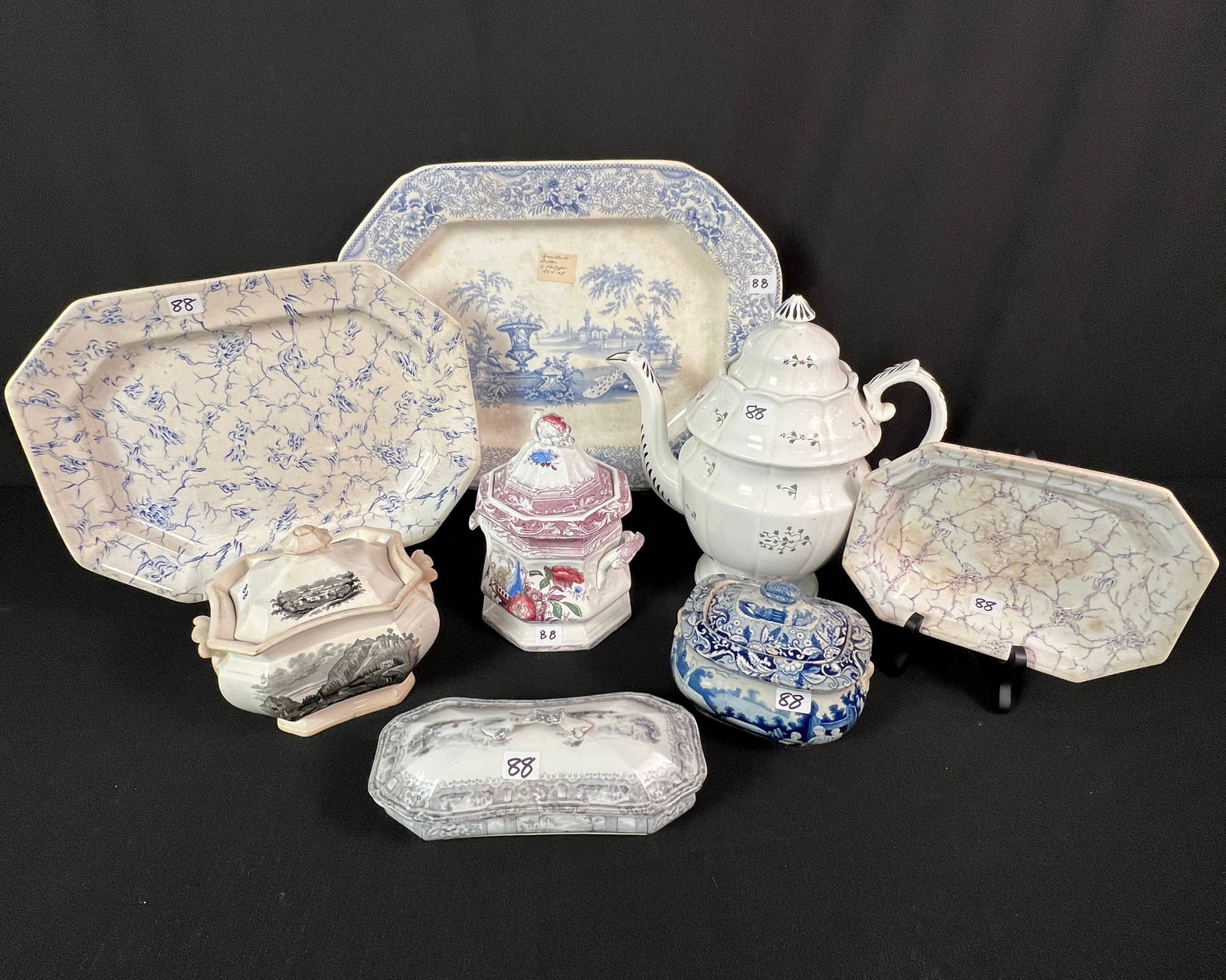 Large Mixed Group of Very Early 1800's Transferware, More!: A mixed collection of early 1800's transferware to include a hand painted dome teapot c 1800 (cracked), a Darrypoint (?) blue and white transferware covered sugar bowl c1810, an 8" tall polychrome
