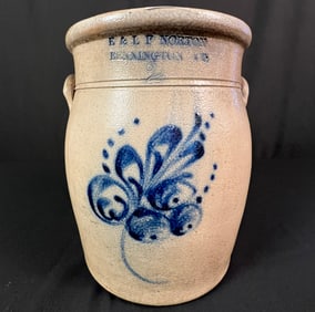 E and L P Norton Bennington 2 Gallon Salt Glaze Floral Cobalt Miniature Butter Churn c1861-1882