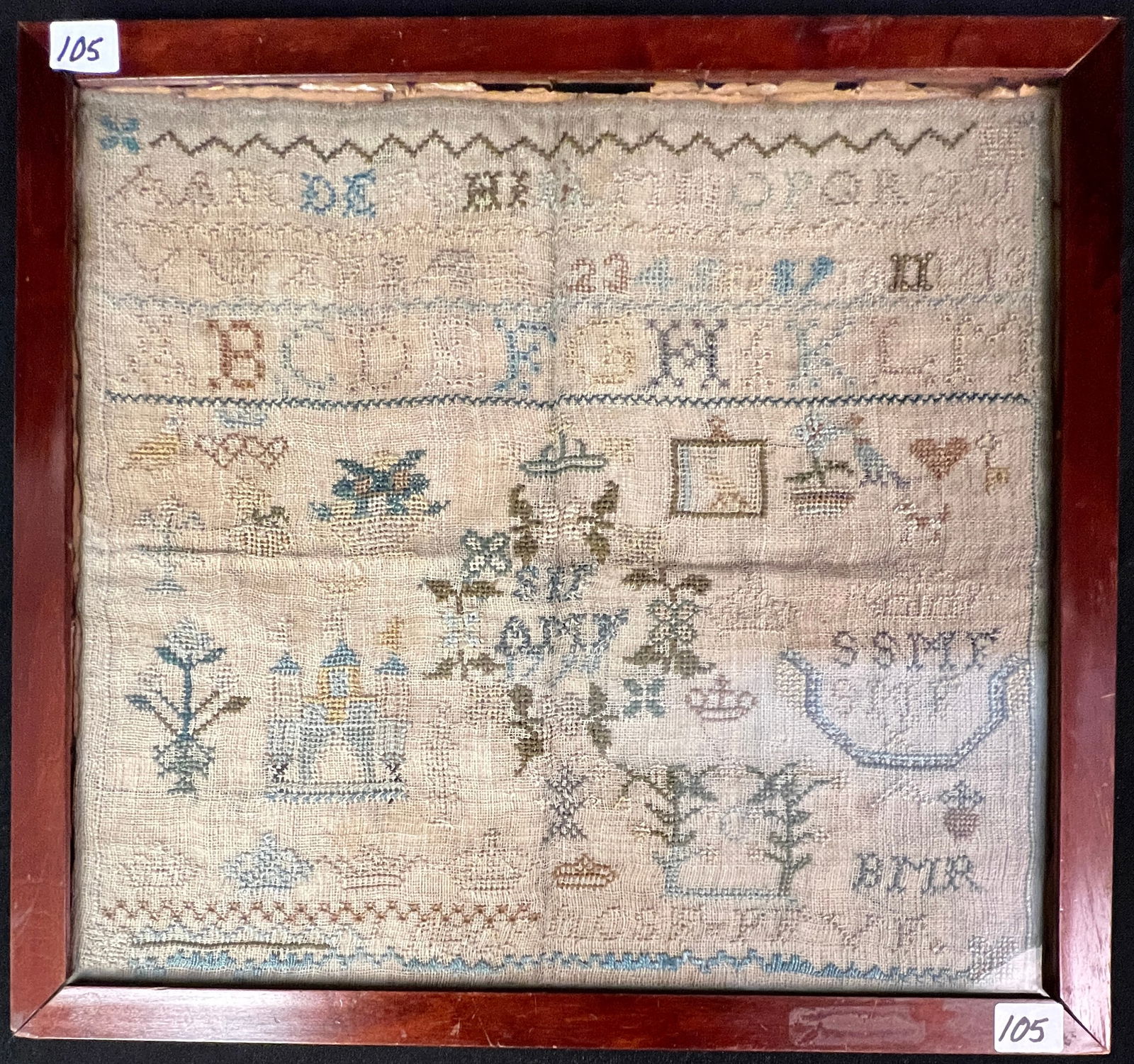 Early English Sampler c1790: An early English Sampler, dated 1790, with alphabet, birds, hearts, keys, dogs, flower baskets, a church, crowns, all surrounded by an elaborate border. In good condition and in its original frame, it