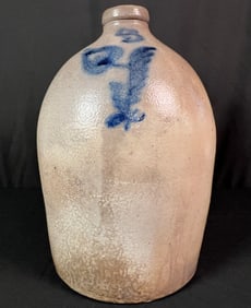 Five Gallon Salt Glazed Decorated Ovoid Jug Along with Bailed Handled Crock