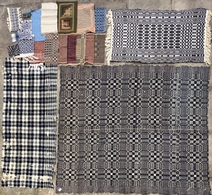 Navy and Cream Jacquard Coverlet, c1780-1820s, and Coverlet Remnants