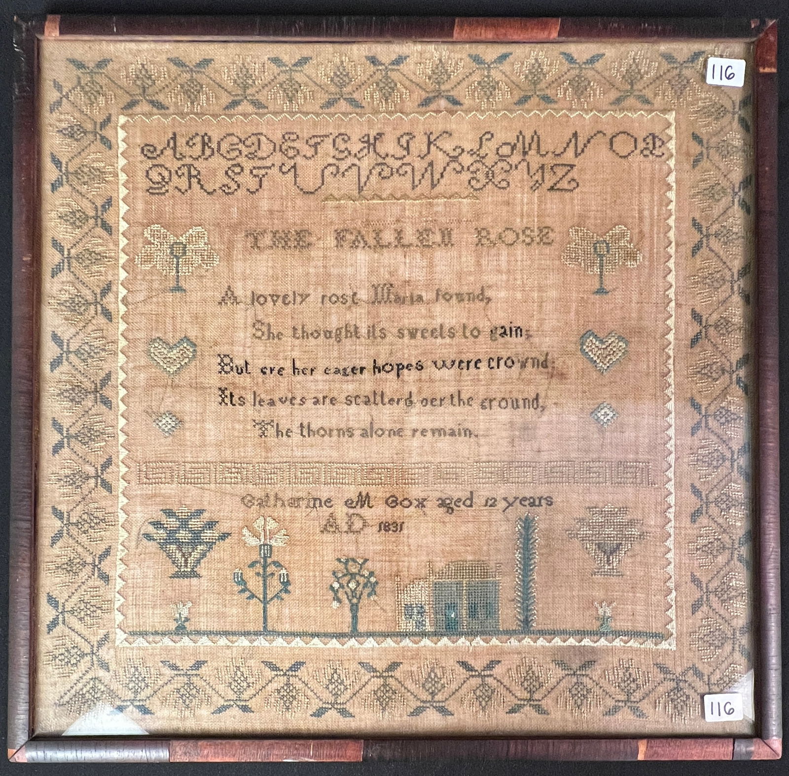 Early American Sampler c1831: An early American sampler from 1831, by Catharine M Cox, aged 12 years. This sampler features a poem titled "The Fallen Rose", featuring a scroll style alphabet, a house, flowers, shapes, and a very b