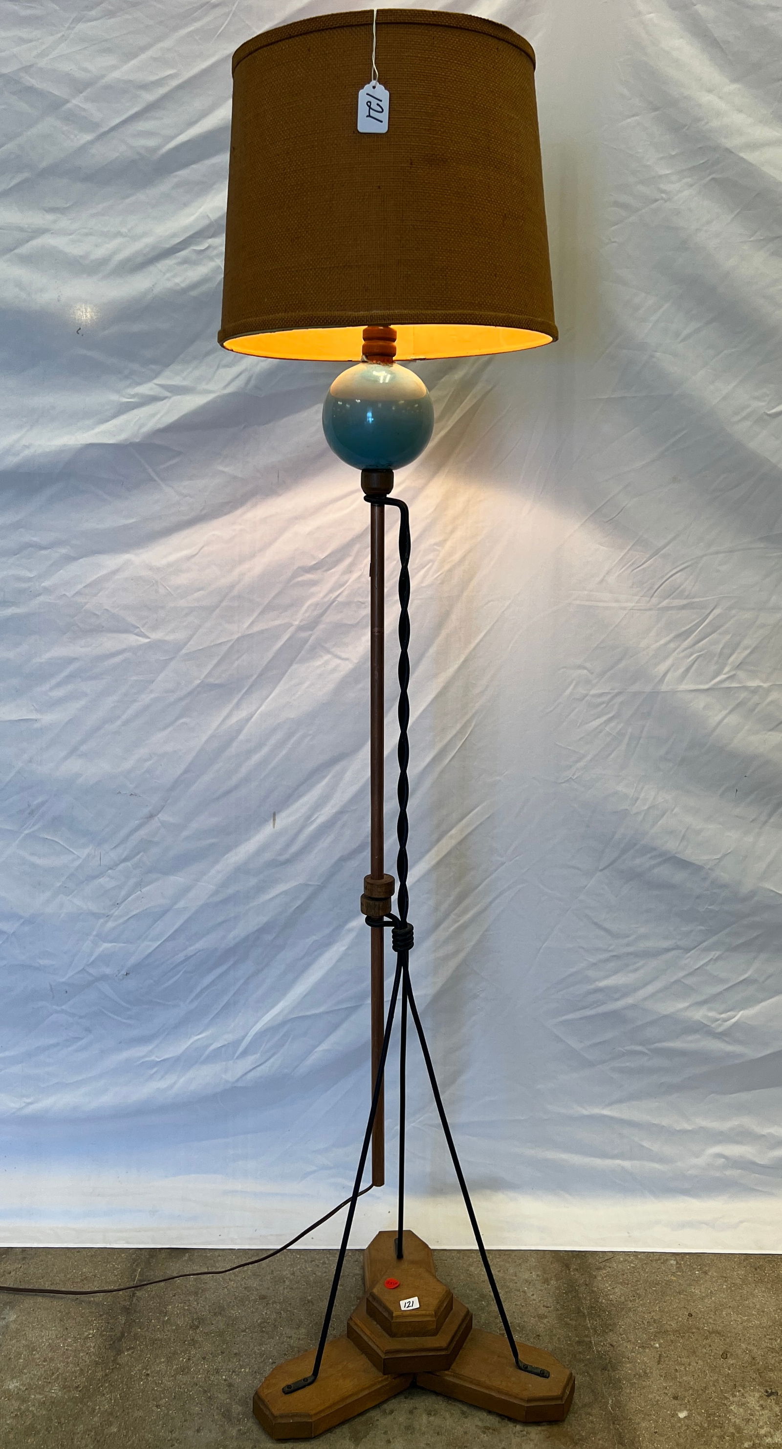 Lightning Rod Lamp: An Arts and Crafts lightning rod lamp mounted to a routered base, with a turn of the century lightning rod holder featuring a powder blue globe. In good condition, this lamp with shade measures at
