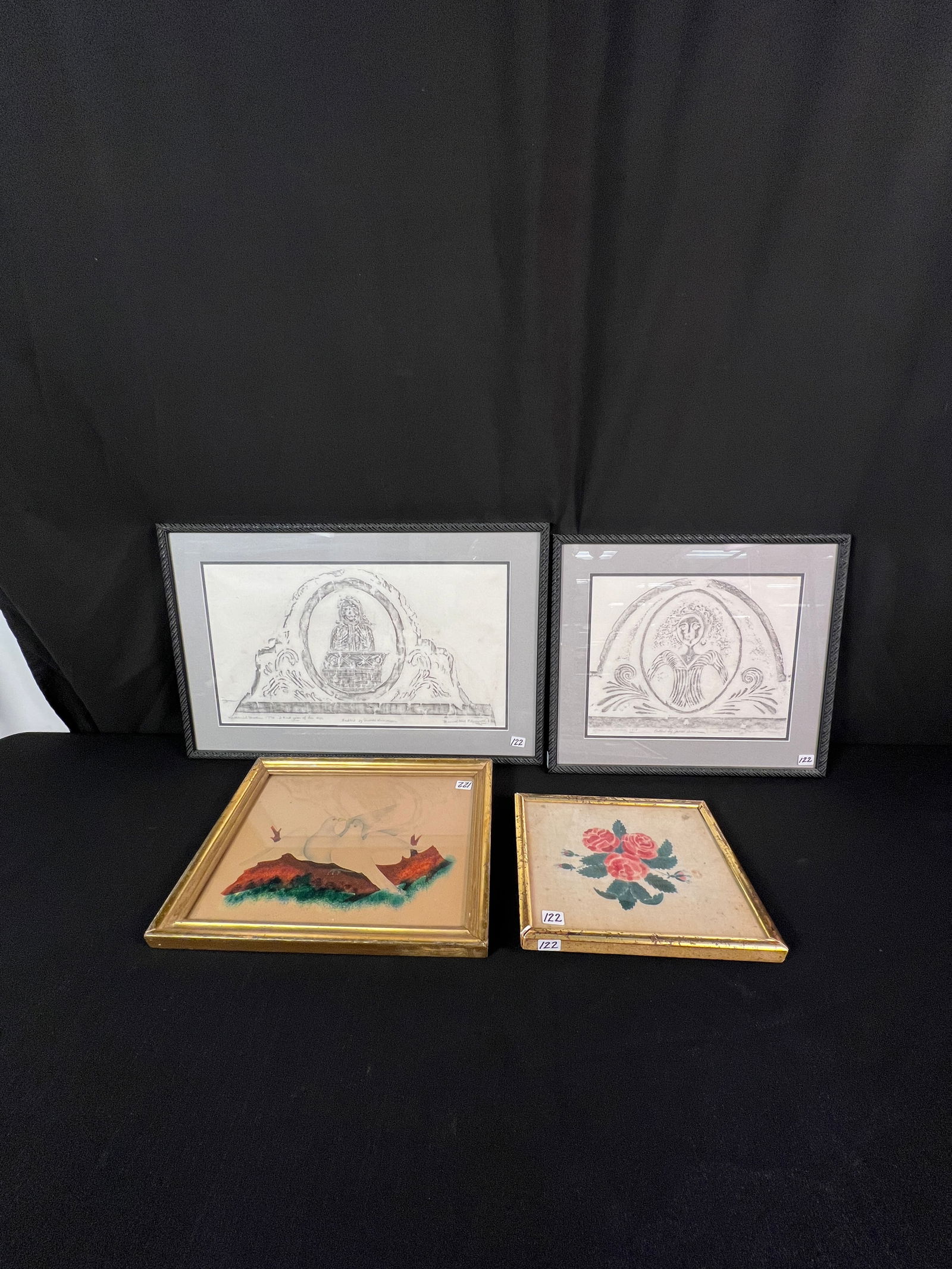 Pair of Early Theorems c1800-40s, and a Pair of Gravestone Rubbings: A pair of early theorems, one depicting flowers on linen and measures 9" tall X 10.5" across. The other depicts two lover birds on a branch, and measures 11" tall X 14" across. Both theorems are in