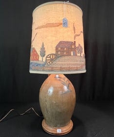 Antique Jug Lamp and Folk Art Hand Crewelwork Shade