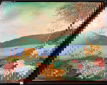 Folk Art Oil on Board by Hugh Simonsen, c2000