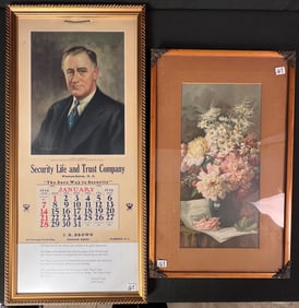 Calendar from 1934 with Depiction of Franklin D Roosevelt and Framed Victorian Print of Flowers