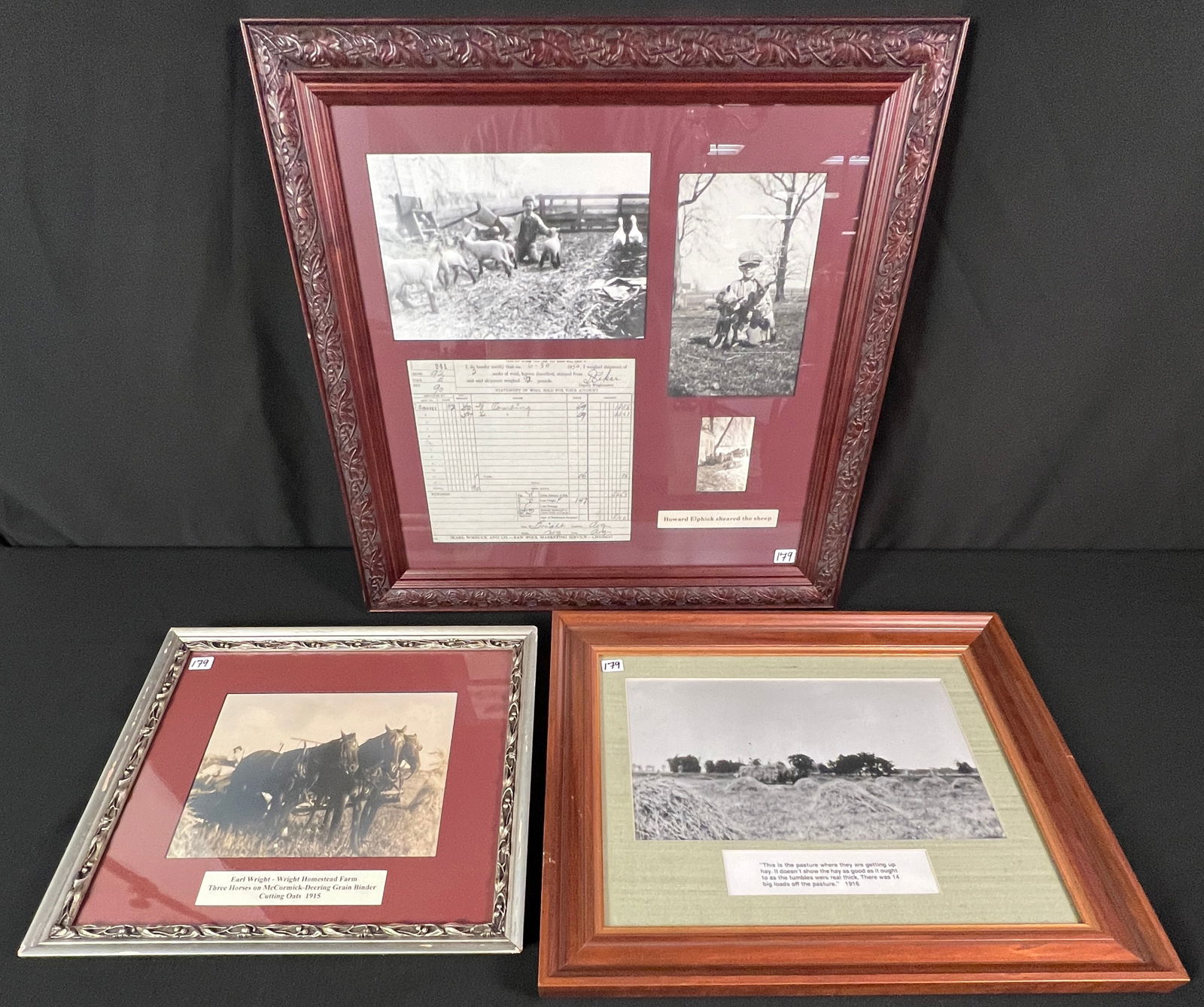 Group of Three Custom Framed Farm Photos: A group of three custom framed farm photos to include a photo from Wright Homestead Farm of 3 horses pulling a McCormick-Deering grain binder, 1915. It measures 13.5" tall X 15.5" across. The next