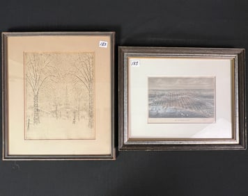 Hand Colored Birds Eye View Engraving of Milwaukee C. 1850 and Engraving of Winter Scene