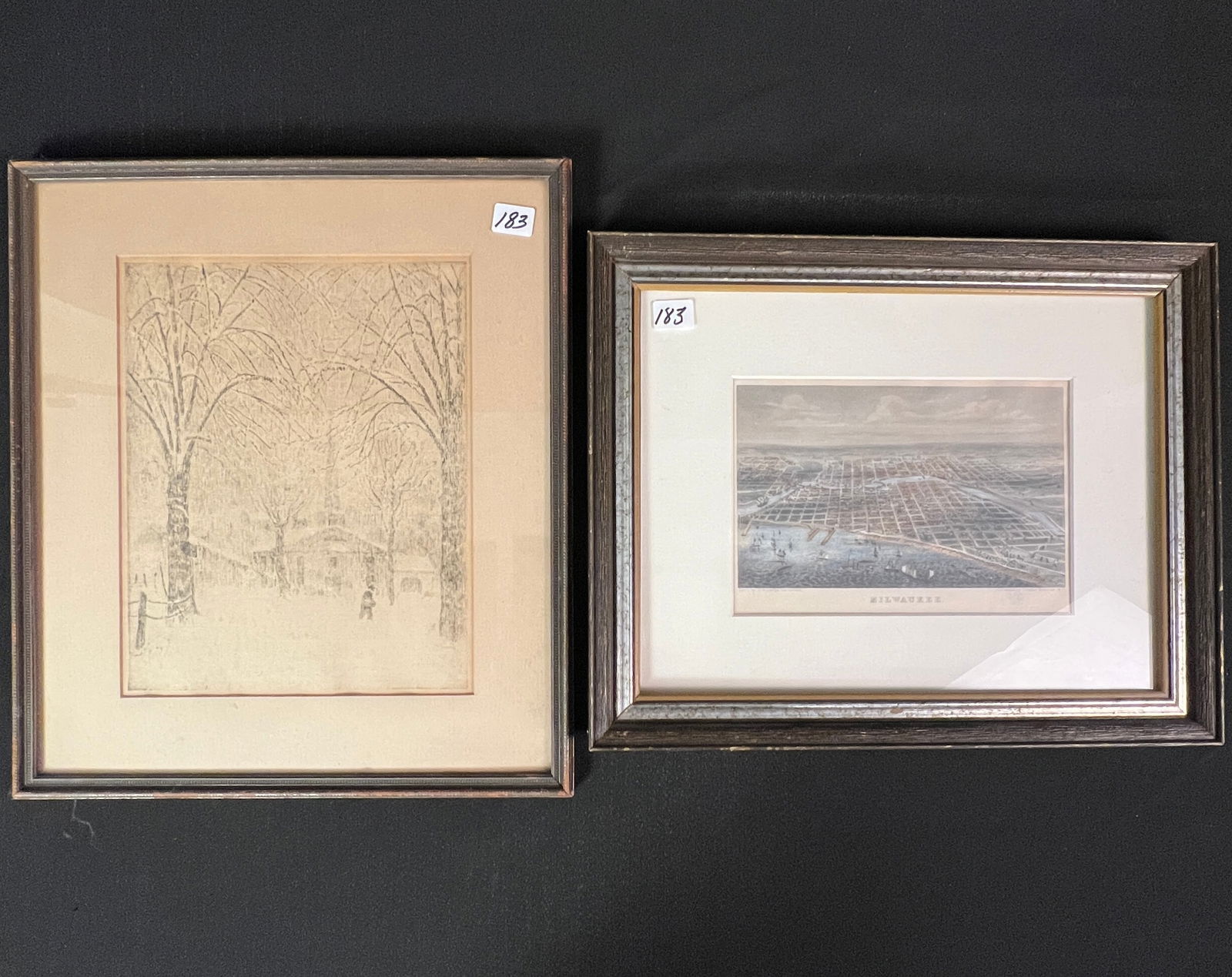 Hand Colored Birds Eye View Engraving of Milwaukee C. 1850 and Engraving of Winter Scene: A hand colored birds eye view engraving of Milwaukee circa 1850. Engraving was executed by G.G. Lange Darmstadt and is published by Charles Magnus of New York. Framed, it measures 11" tall X 13.75"