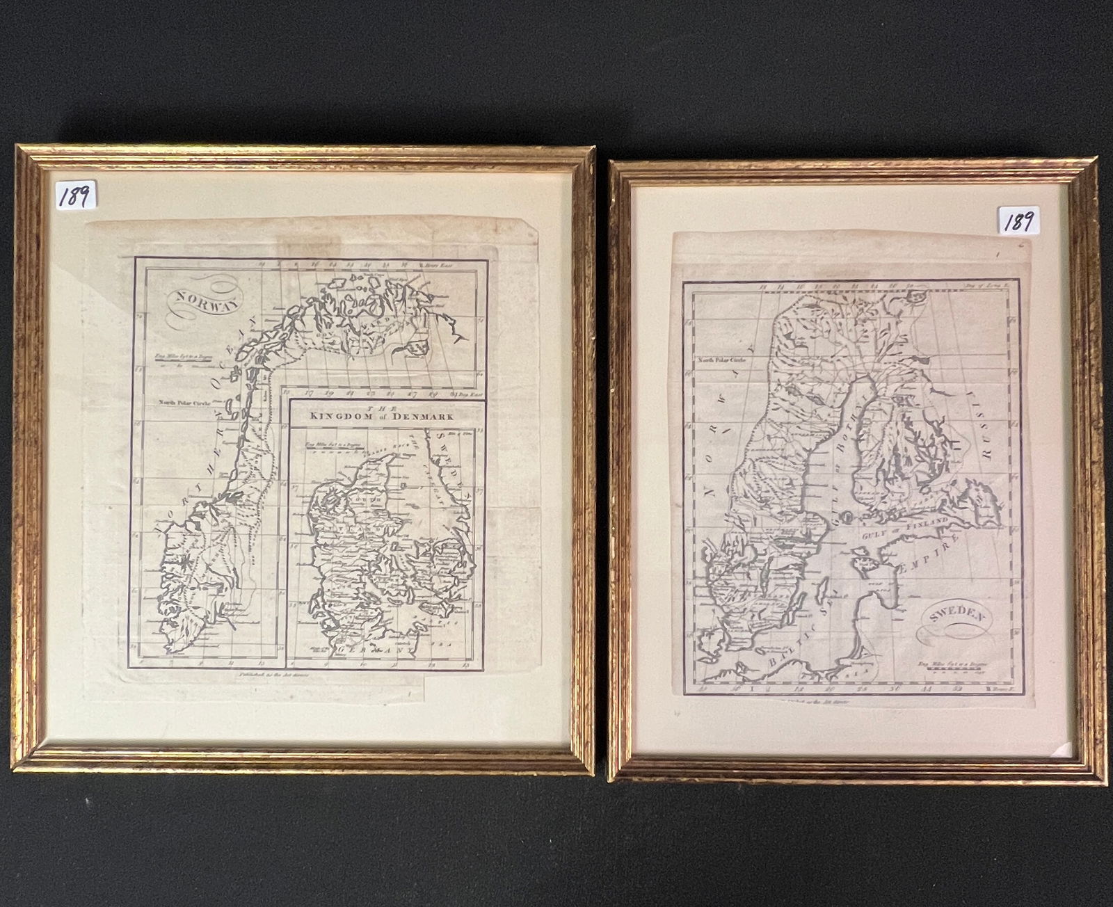 2 18th Century Maps of Scandinavia: Two framed 18th century maps of Scandinavia. One map prominently features Norway and Denmark, the other map features Sweden. These are early bookplates and overall are in good condition.