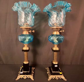 Pair Of Blue Glass Marble and Brass Fancy Oil Lamps