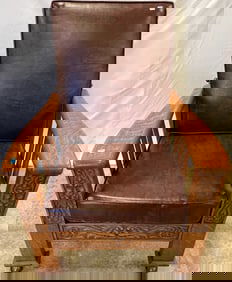 Oak Morris Chair with Carved Face