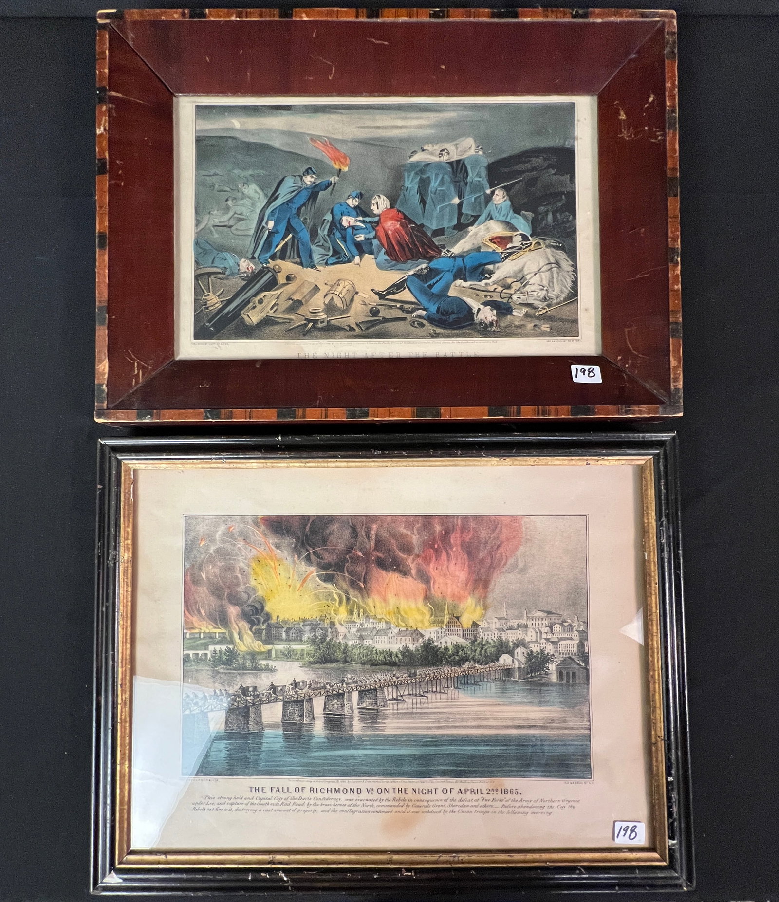 2 Currier and Ives Civil War Themed Litho's c1860's: Two Currier and Ives Civil War themed lithographs in original period frames depicting dramatic scenes of the American Civil War to Include a Currier and Ives tilted" The Night After the Battle" c1868
