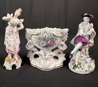 Sevres Porcelain Hand Painted Floral Vase, 2  Dresden figurines