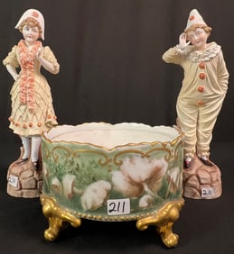 Limoges Porcelain Jardiniere and Victorian Bisque Harlequins C1890's