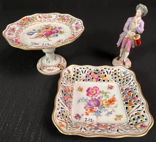 Antique German Porcelain Meissen, Dresden Reticulated Candy Dishes