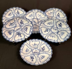 Six Weimar Porcelain Oyster Plates w/ Maritime Delft motif c1900