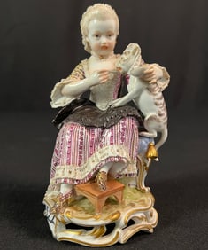 Early Meissen Figurine of Girl Feeding a Cat c 1800