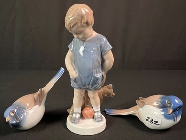 3 Porcelain Figurines, Royal Copenhagen Boy, Bing and Grondahl Birds