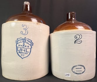 2 turn of the century Whiskey Jugs, Uhl Pottery, Western Stoneware Co.