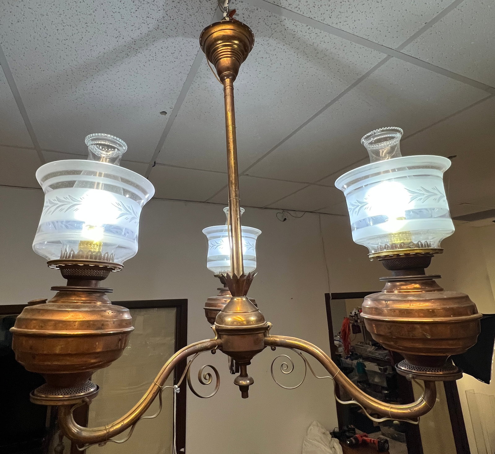 3 Armed Electrified Oil Chandelier c1880's (1 of 6)