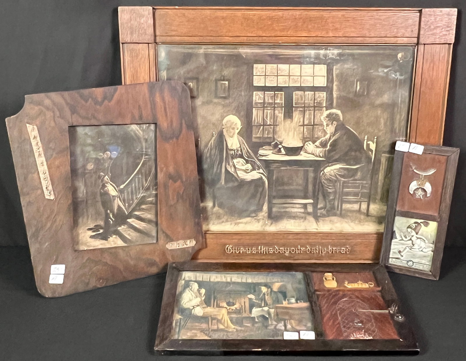 Arts & Crafts Fumed Oak Framed Pictures: Arts & Crafts fumed oak framed pictures to include baby Mason, old man by the hearth, drunk "I hear a voice here", large