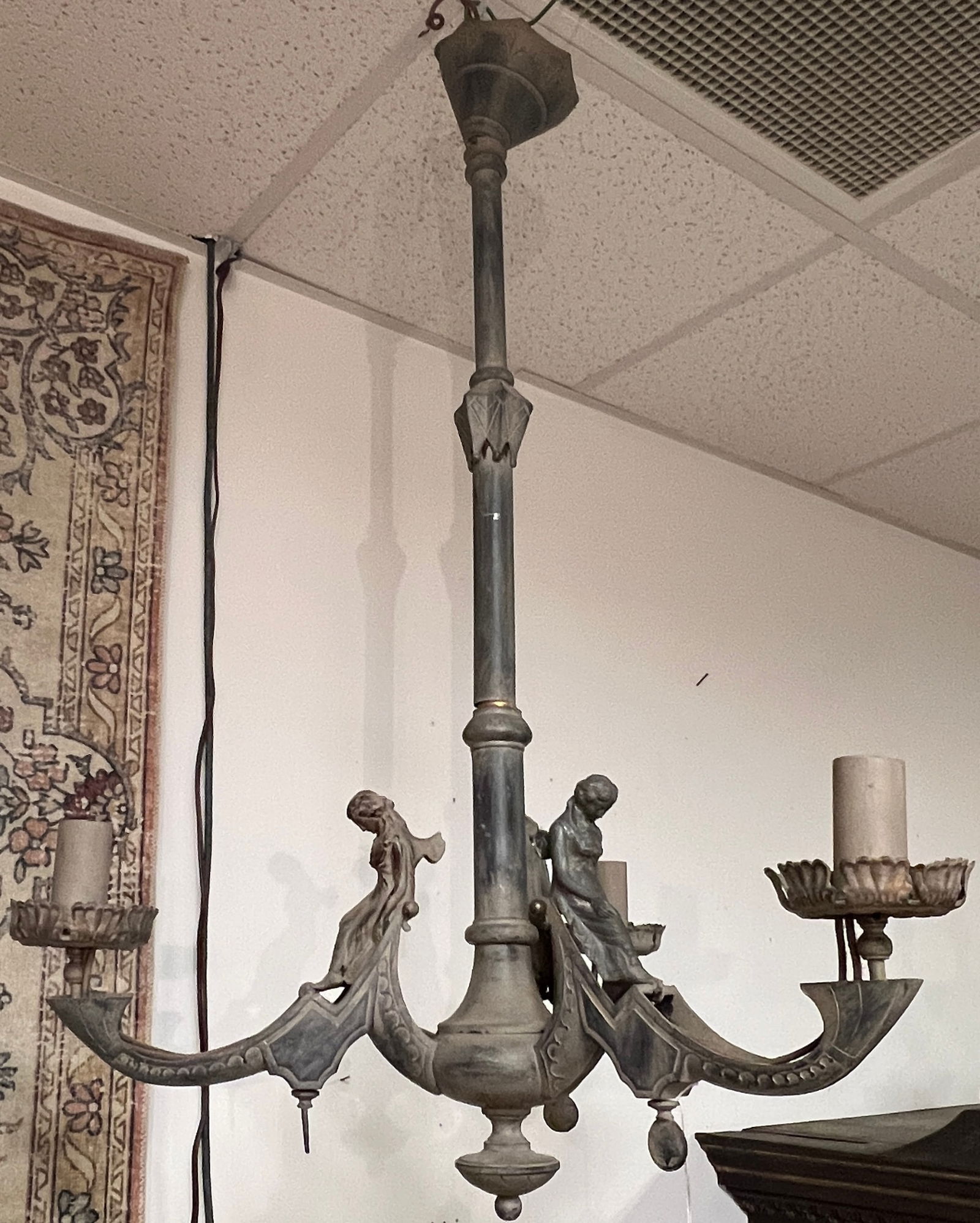 3 Arm Gas Fixture with Winged Maidens: A Pre-Civil War, very fancy 3 arm gas fixture with full figured winged maidens in brass. This wonderful early gas fixture is in good condition, just needs polishing and rewiring. It measures 36" tall