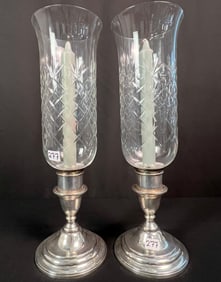 Pair of Sterling Candlesticks with Hurricane Shades
