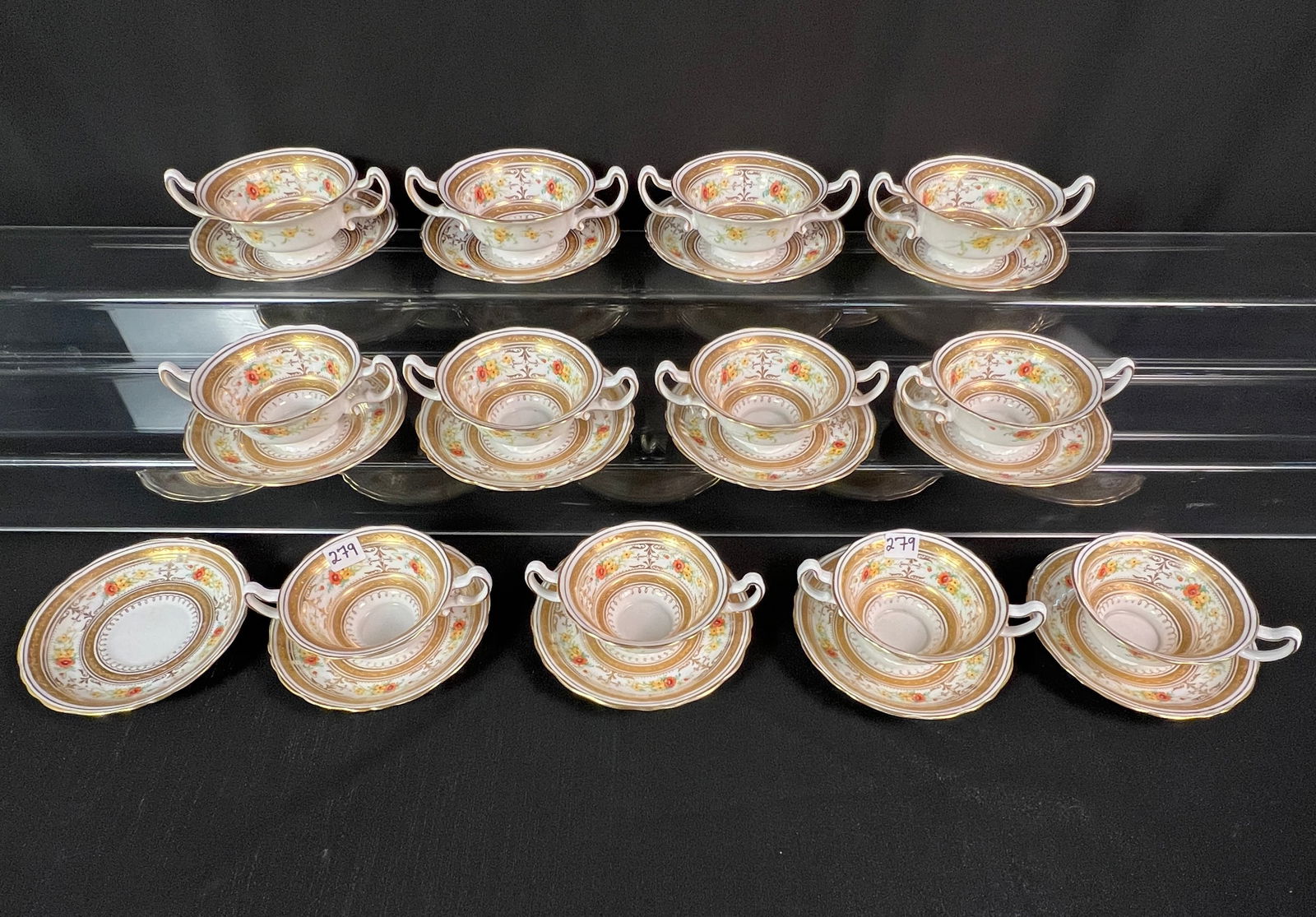 12 Vintage Pointons, England Boullion Cups with Saucers: A set of 12 vintage Pointons, England double handled tea cup with saucers, marked 2335. Details include hand painted flowers and gold decorations. The gold trim is in excellent condition and the cups